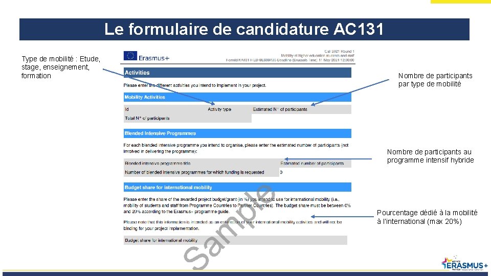 Le formulaire de candidature AC 131 Type de mobilité : Etude, stage, enseignement, formation