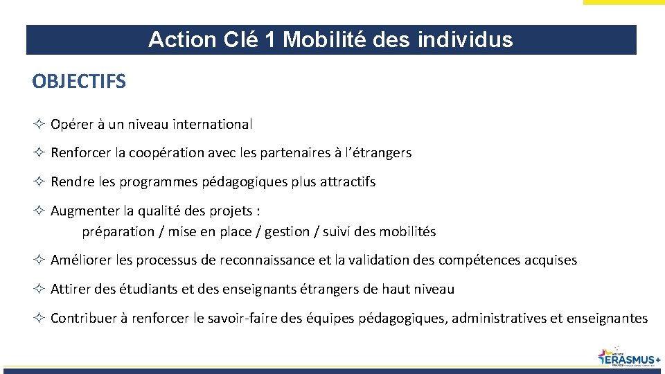 Action Clé 1 Mobilité des individus OBJECTIFS Opérer à un niveau international Renforcer la