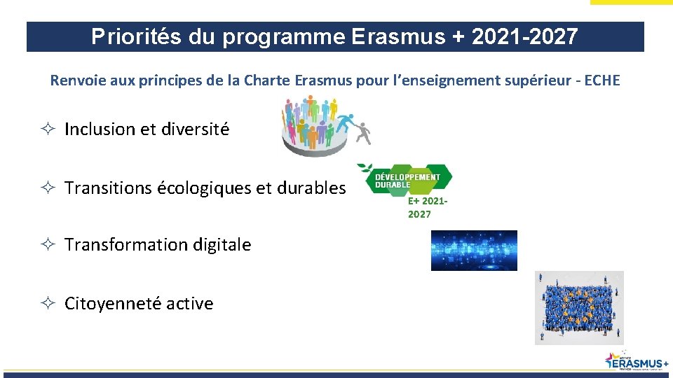 Priorités du programme Erasmus + 2021 -2027 Renvoie aux principes de la Charte Erasmus