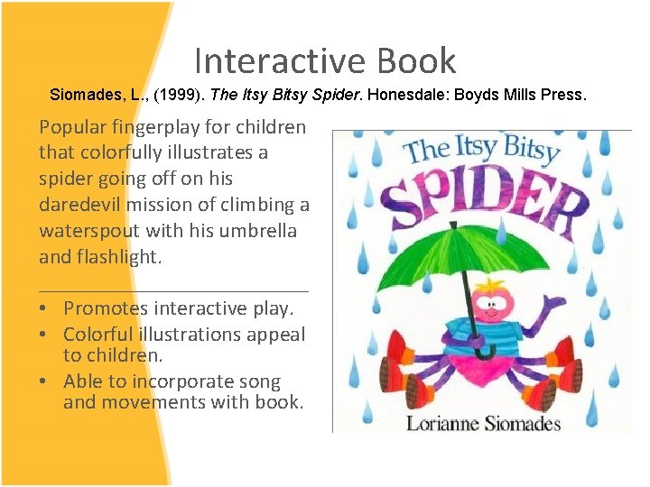 Interactive Book Siomades, L. , (1999). The Itsy Bitsy Spider. Honesdale: Boyds Mills Press.