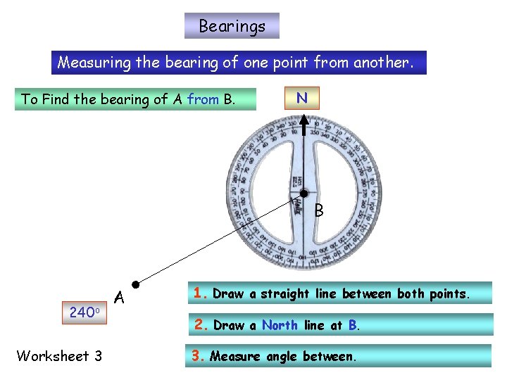 Bearings Measuring the bearing of one point from another. To Find the bearing of