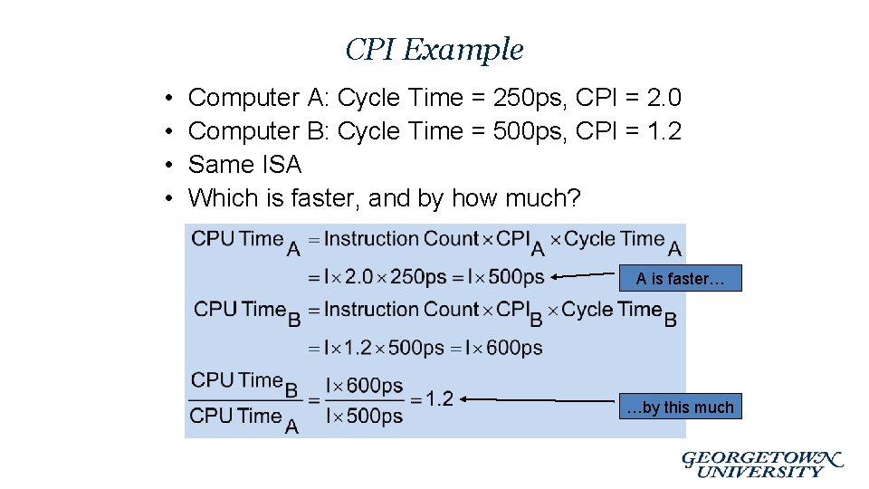 CPI Example • • Computer A: Cycle Time = 250 ps, CPI = 2.