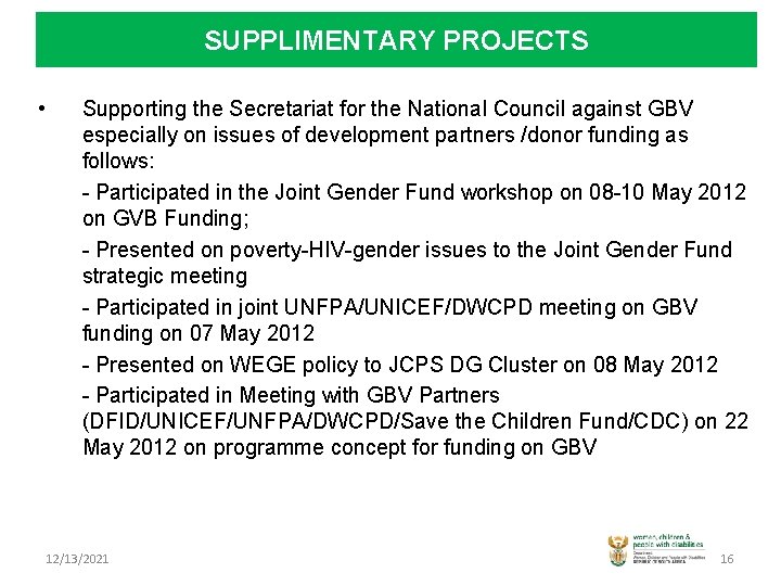 SUPPLIMENTARY PROJECTS • Supporting the Secretariat for the National Council against GBV especially on