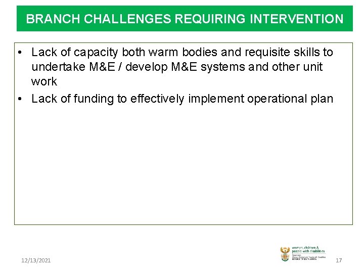 BRANCH CHALLENGES REQUIRING INTERVENTION • Lack of capacity both warm bodies and requisite skills