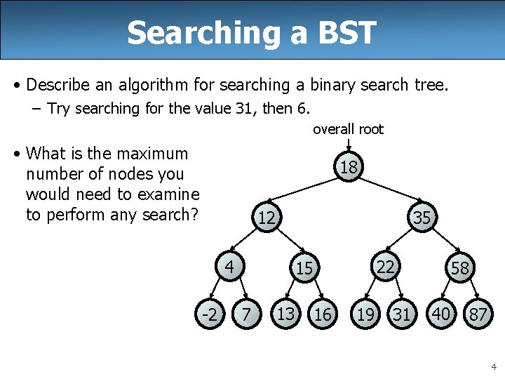 Searching a BST • Describe an algorithm for searching a binary search tree. – Searching a BST • Describe an algorithm for searching a binary search tree. –
