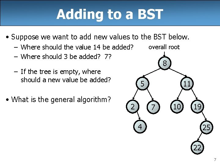 Adding to a BST • Suppose we want to add new values to the Adding to a BST • Suppose we want to add new values to the