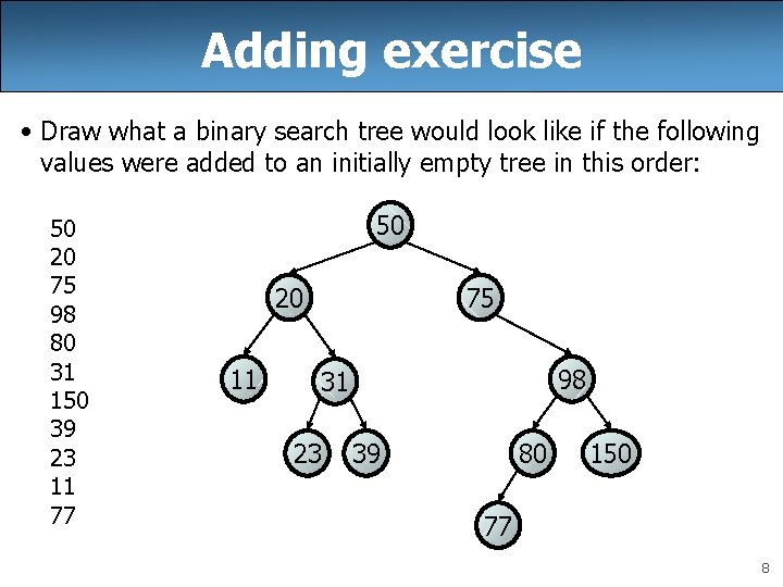 Adding exercise • Draw what a binary search tree would look like if the Adding exercise • Draw what a binary search tree would look like if the
