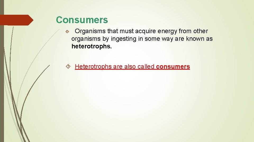 Consumers Organisms that must acquire energy from other organisms by ingesting in some way