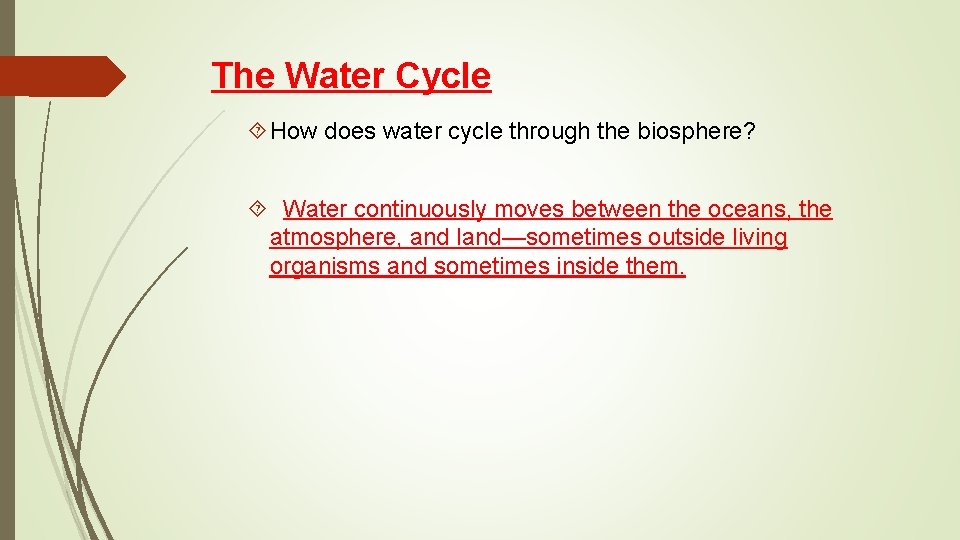 The Water Cycle How does water cycle through the biosphere? Water continuously moves between