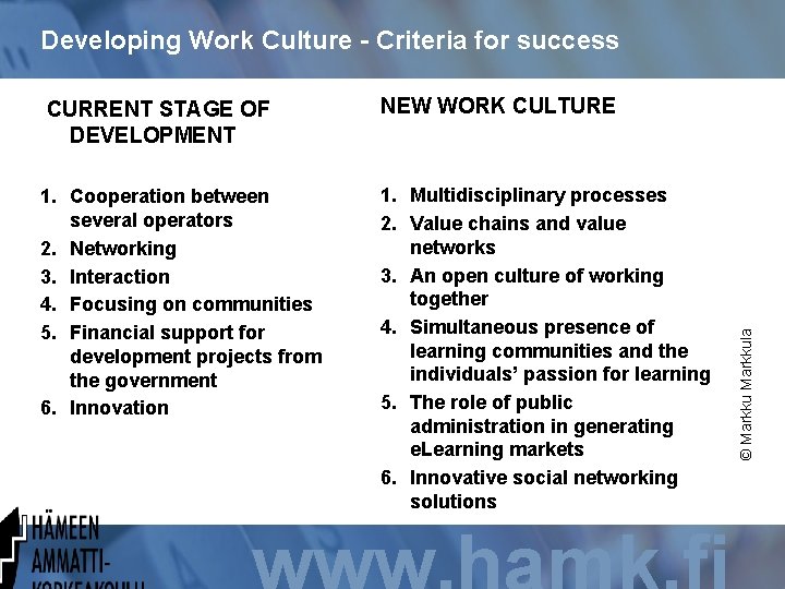 CURRENT STAGE OF DEVELOPMENT NEW WORK CULTURE 1. Cooperation between several operators 2. Networking