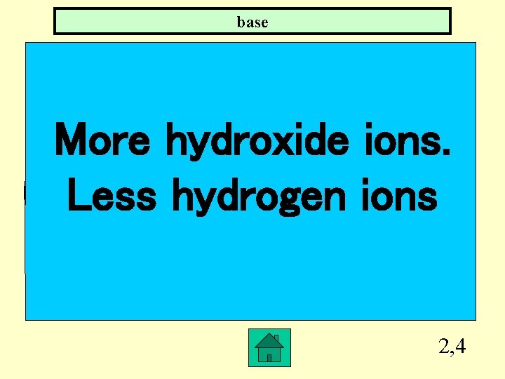 base More hydroxide ions. Less hydrogen ions 2, 4 