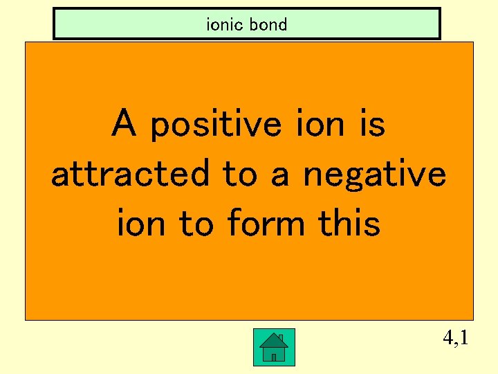 ionic bond A positive ion is attracted to a negative ion to form this