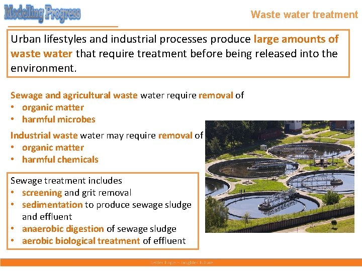 Waste water treatment Urban lifestyles and industrial processes produce large amounts of waste water