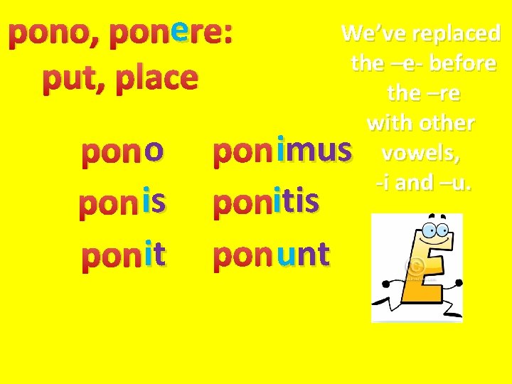 e re: pono, pone put, place pono ponis ponit We’ve replaced the –e- before