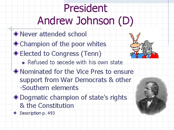 President Andrew Johnson (D) Never attended school Champion of the poor whites Elected to President Andrew Johnson (D) Never attended school Champion of the poor whites Elected to