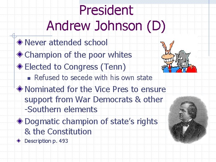 President Andrew Johnson (D) Never attended school Champion of the poor whites Elected to