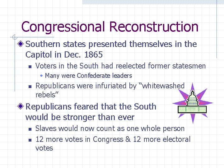 Congressional Reconstruction Southern states presented themselves in the Capitol in Dec. 1865 n Voters