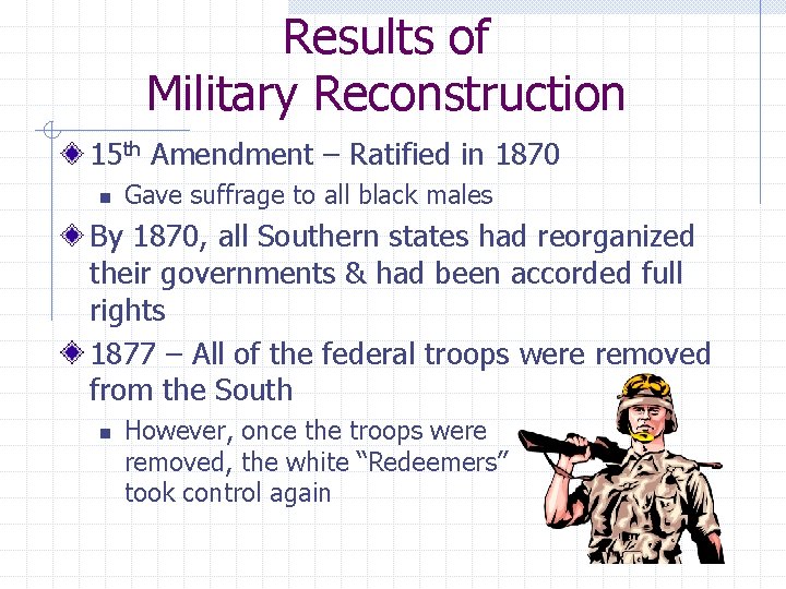 Results of Military Reconstruction 15 th Amendment – Ratified in 1870 n Gave suffrage