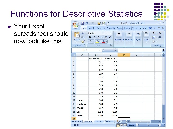Functions for Descriptive Statistics l Your Excel spreadsheet should now look like this: 