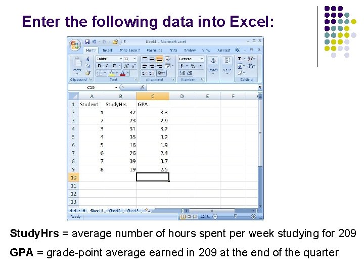 Enter the following data into Excel: Study. Hrs = average number of hours spent