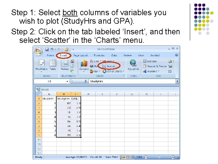 Step 1: Select both columns of variables you wish to plot (Study. Hrs and