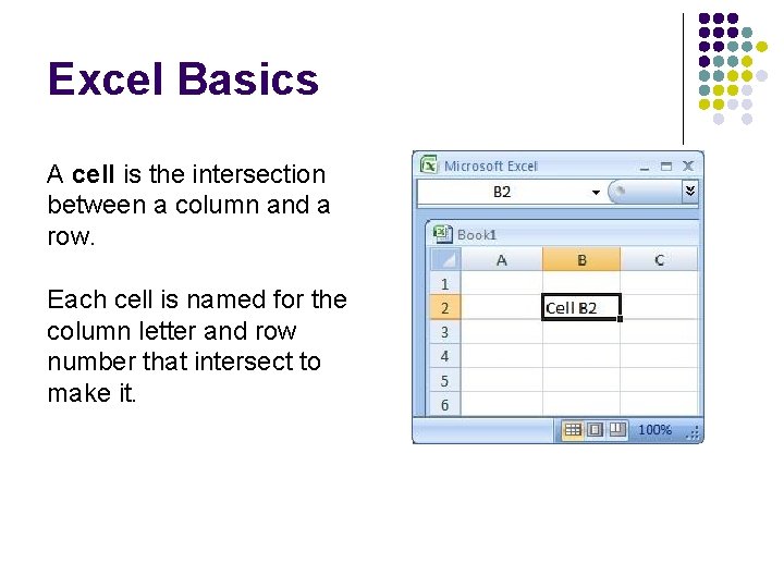 Excel Basics A cell is the intersection between a column and a row. Each