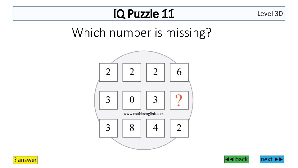 IQ Puzzle 11 Which number is missing? Level 3 D 