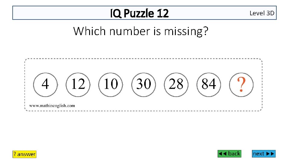 IQ Puzzle 12 Which number is missing? Level 3 D 