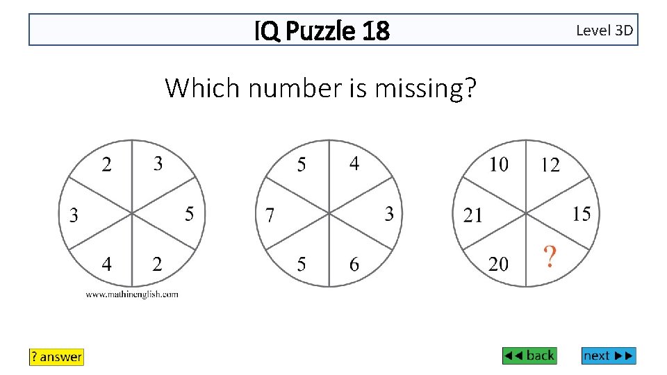 IQ Puzzle 18 Which number is missing? Level 3 D 