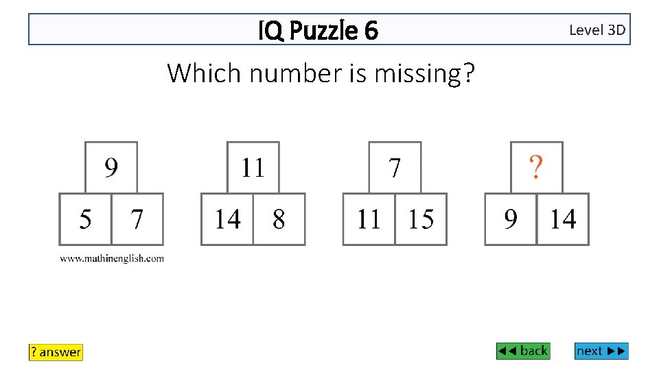 IQ Puzzle 6 Which number is missing? Level 3 D 