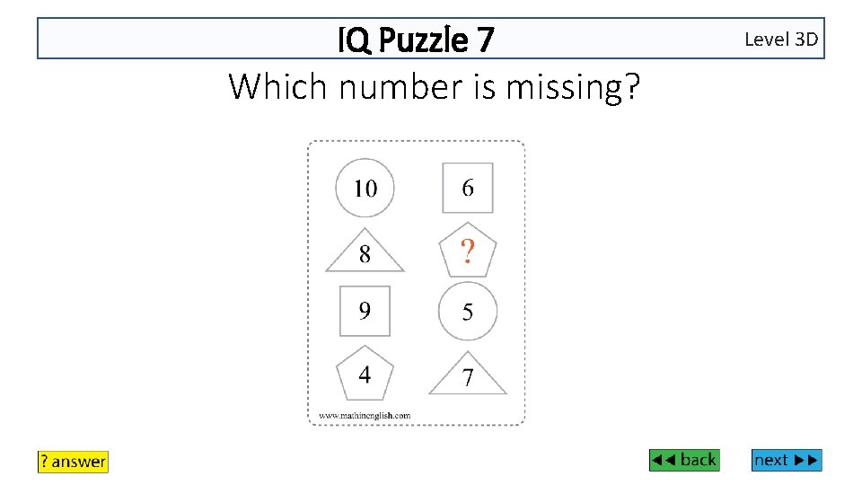 IQ Puzzle 7 Which number is missing? Level 3 D 