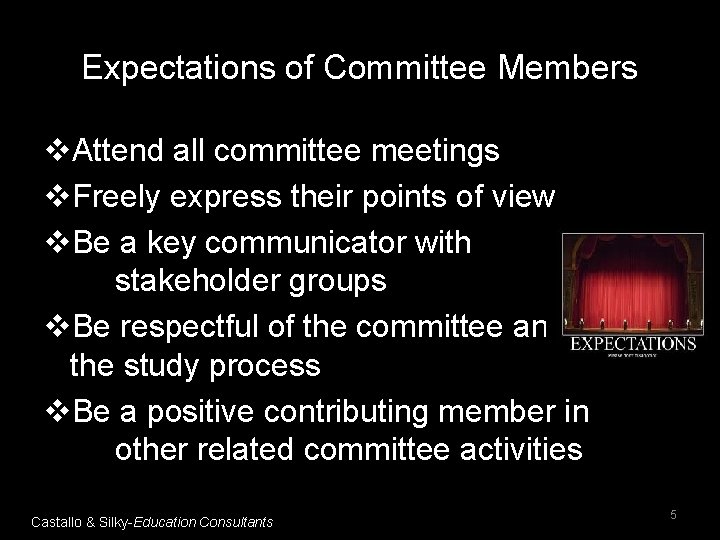 Expectations of Committee Members v. Attend all committee meetings v. Freely express their points