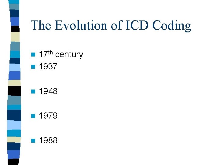 The Evolution of ICD Coding 17 th century n 1937 n n 1948 n The Evolution of ICD Coding 17 th century n 1937 n n 1948 n