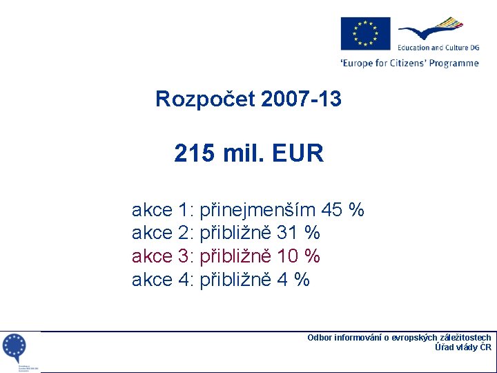 Rozpočet 2007 -13 215 mil. EUR akce 1: přinejmenším 45 % akce 2: přibližně