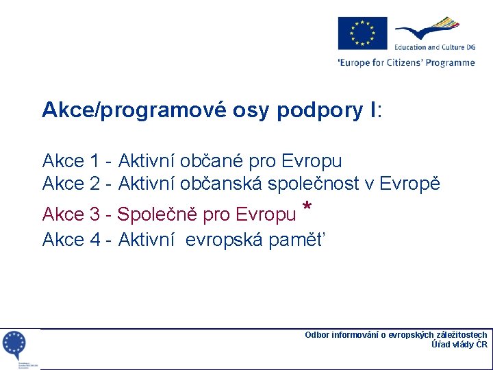 Akce/programové osy podpory I: Akce 1 - Aktivní občané pro Evropu Akce 2 -