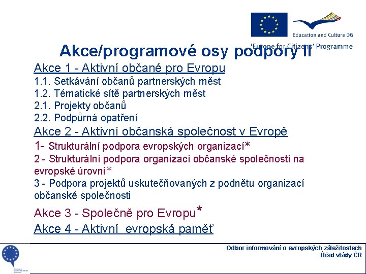 Akce/programové osy podpory II Akce 1 - Aktivní občané pro Evropu 1. 1. Setkávání