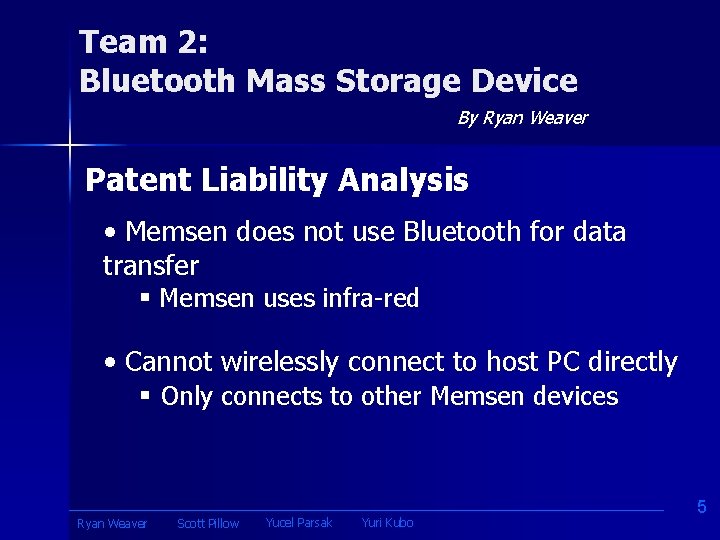 Team 2: Bluetooth Mass Storage Device By Ryan Weaver Patent Liability Analysis • Memsen