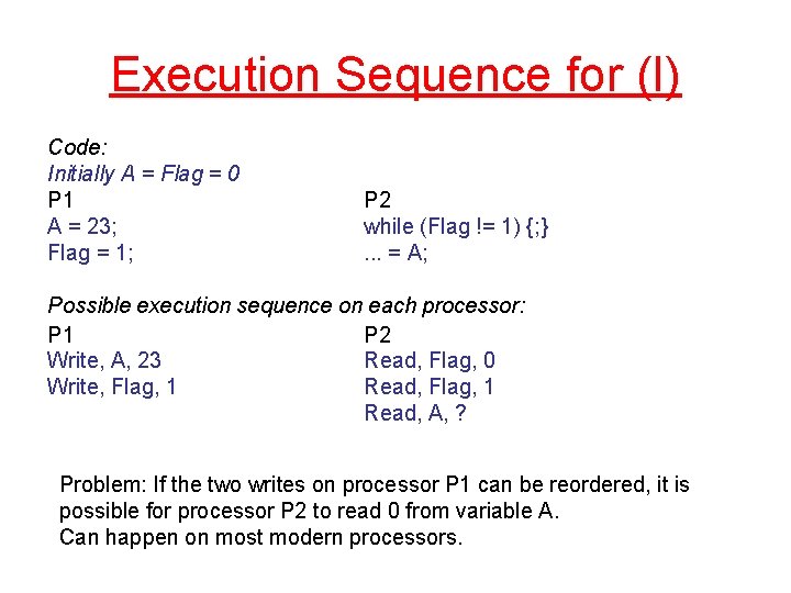 Execution Sequence for (I) Code: Initially A = Flag = 0 P 1 A