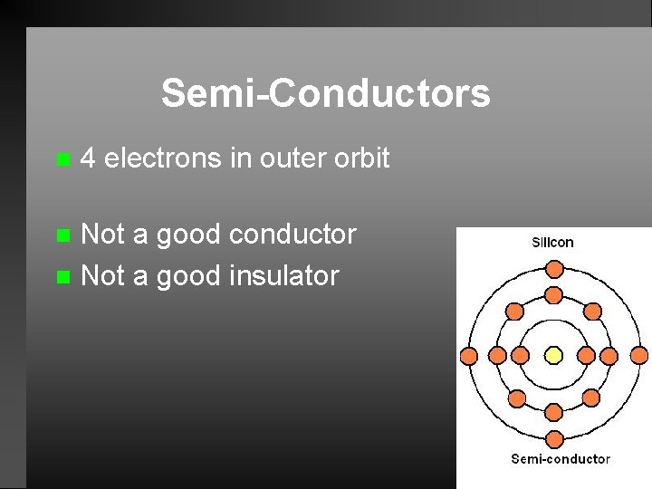 Semi-Conductors n 4 electrons in outer orbit Not a good conductor n Not a