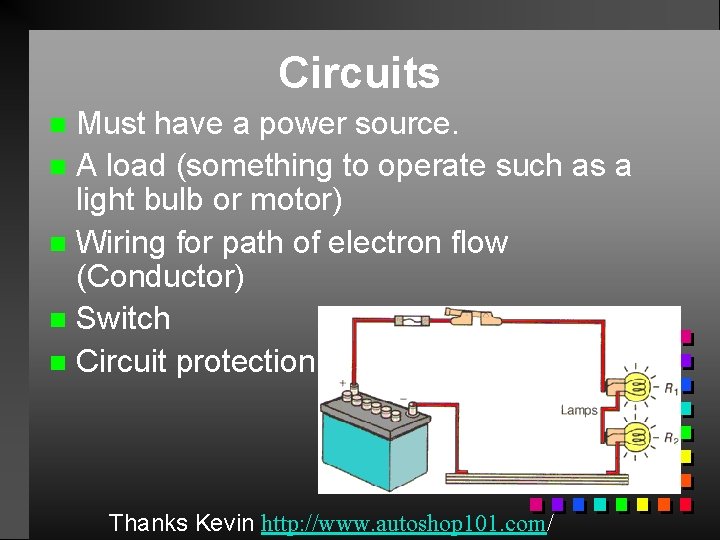 Circuits Must have a power source. n A load (something to operate such as
