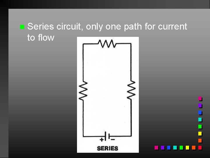 n Series circuit, only one path for current to flow Series Circuit 