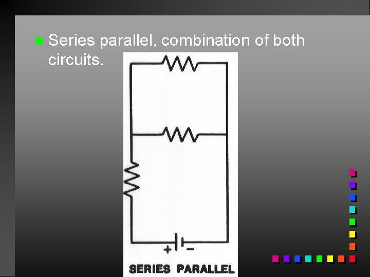 n Series parallel, combination of both circuits. Series Parallel 