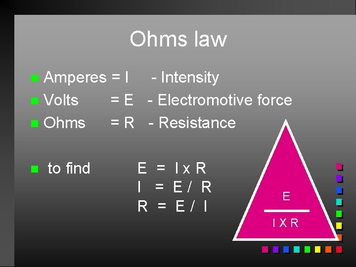 Ohms law Amperes = I - Intensity n Volts = E - Electromotive force