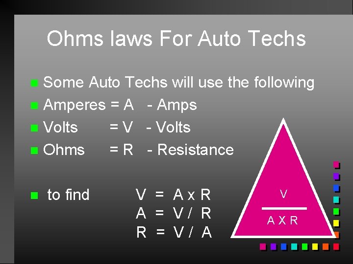 Ohms laws For Auto Techs Some Auto Techs will use the following n Amperes