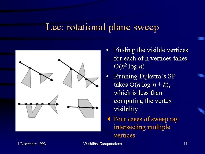 Lee: rotational plane sweep • Finding the visible vertices for each of n vertices