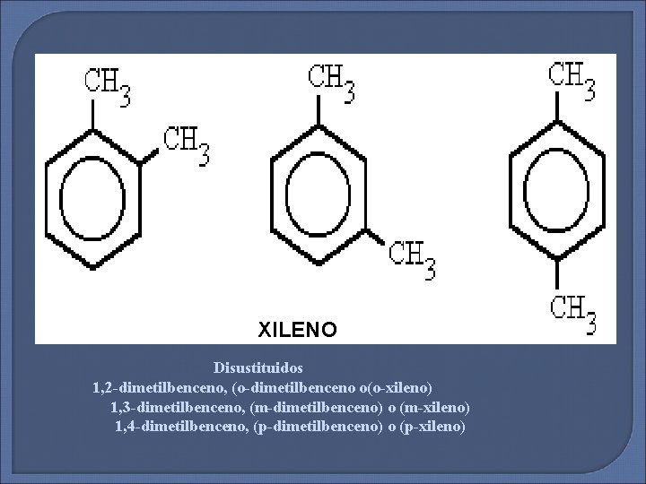 XILENO Disustituidos 1, 2 -dimetilbenceno, (o-dimetilbenceno o(o-xileno) 1, 3 -dimetilbenceno, (m-dimetilbenceno) o (m-xileno) 1,