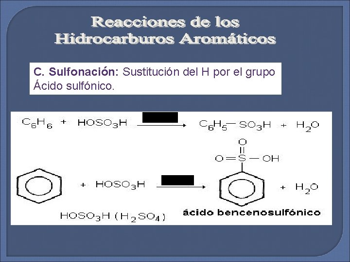 C. Sulfonación: Sustitución del H por el grupo Ácido sulfónico. 