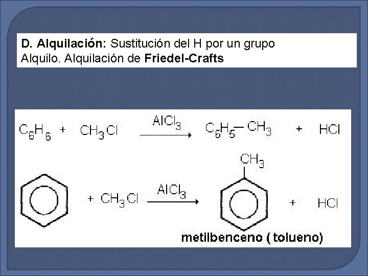 D. Alquilación: Sustitución del H por un grupo Alquilo. Alquilación de Friedel-Crafts 