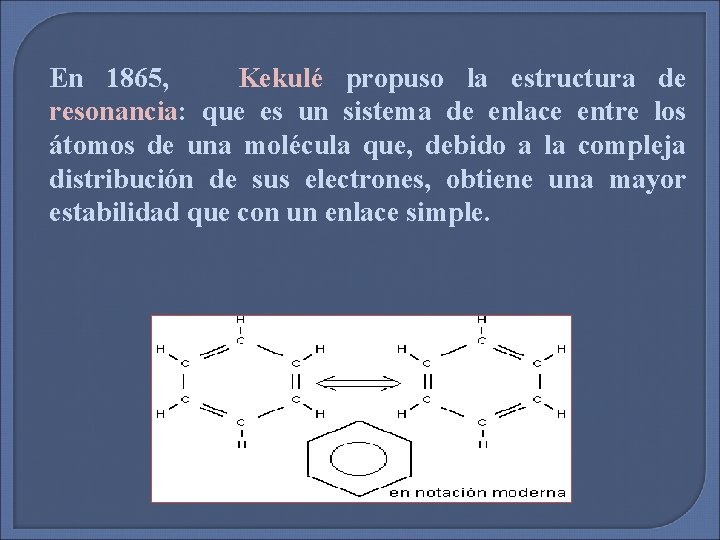 En 1865, Kekulé propuso la estructura de resonancia: que es un sistema de enlace