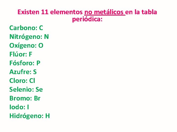 Existen 11 elementos no metálicos en la tabla periódica: Carbono: C Nitrógeno: N Oxígeno: